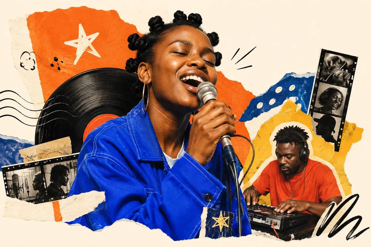 Collage artistique : une chanteuse, un producteur, un vinyle et des papiers colorés.