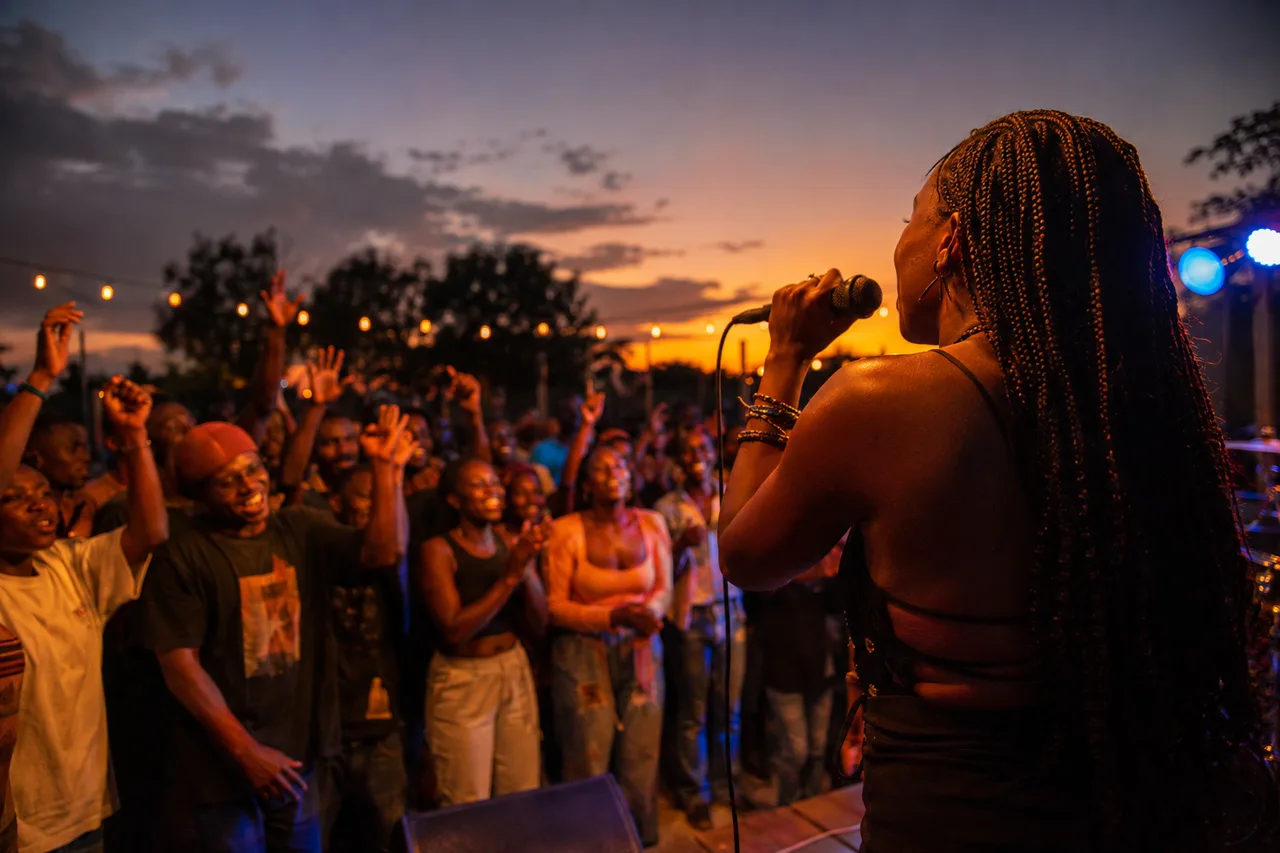 Une chanteuse face à un public enthousiaste lors d’un concert au coucher du soleil.