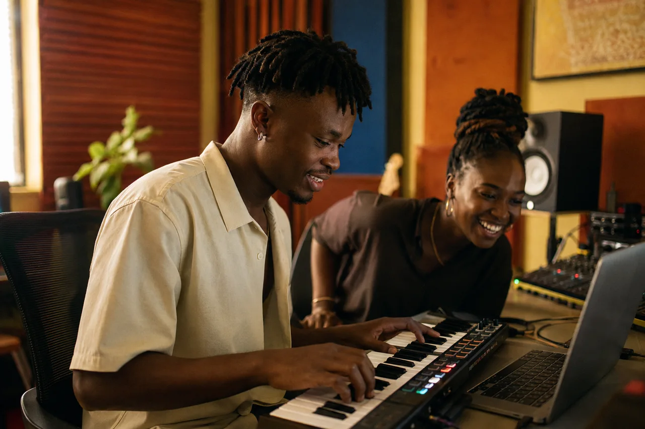 Deux artistes partagent un moment de création autour d’un clavier dans un studio.